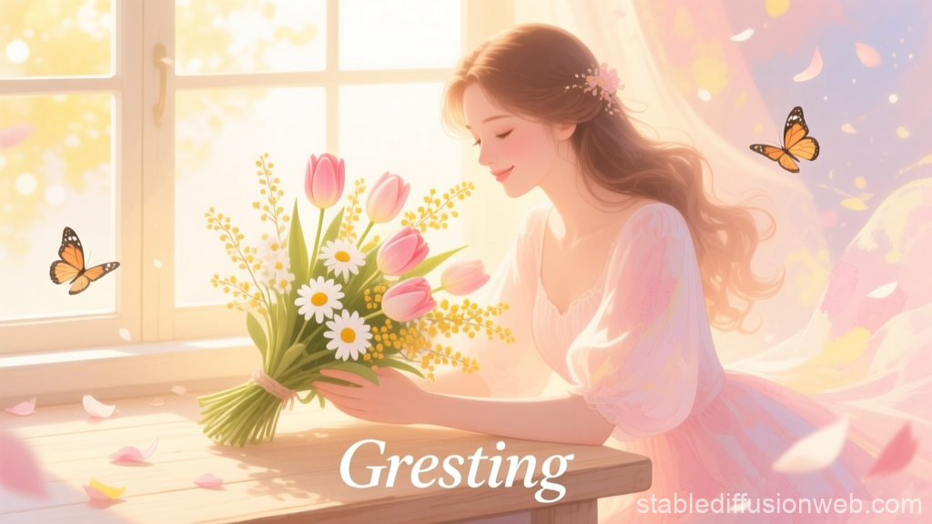 Spring Flowers Greeting with Woman and Butterflies
