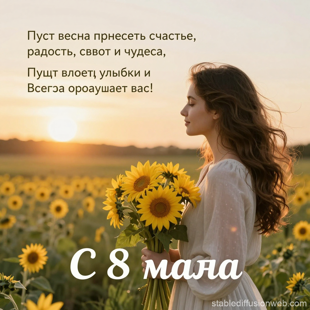 Spring Greeting Card for March 8 with Sunflowers and Woman