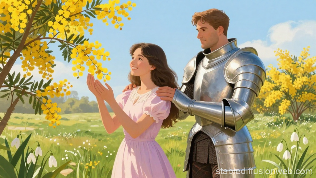 Spring Joy Between a Knight and a Lady in Blooming Meadow