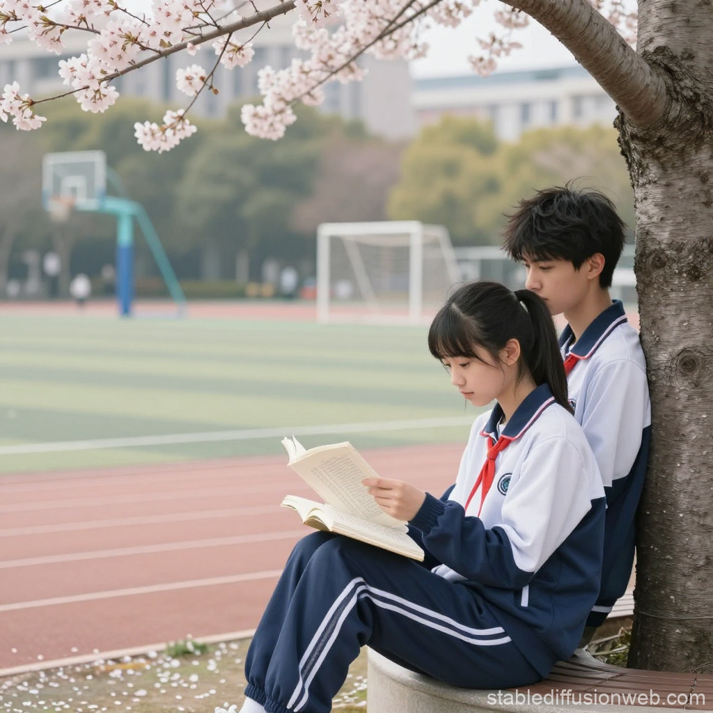 Springtime Students Reading Quietly Under Cherry Blossoms