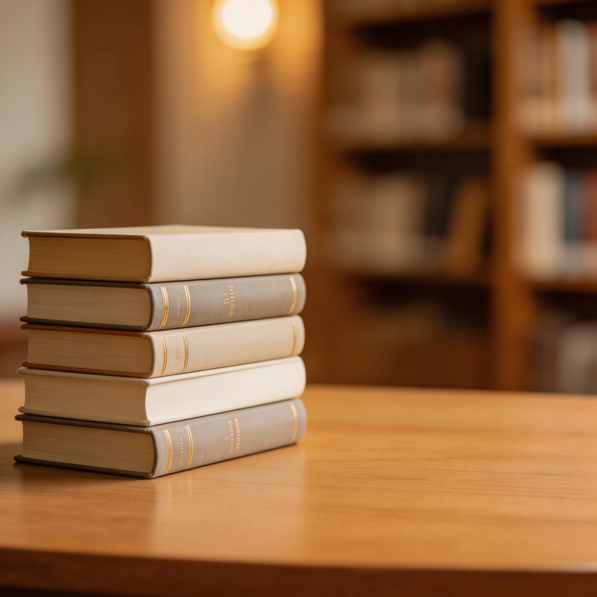 Stack of Classic Books on Wooden Table in Cozy Library