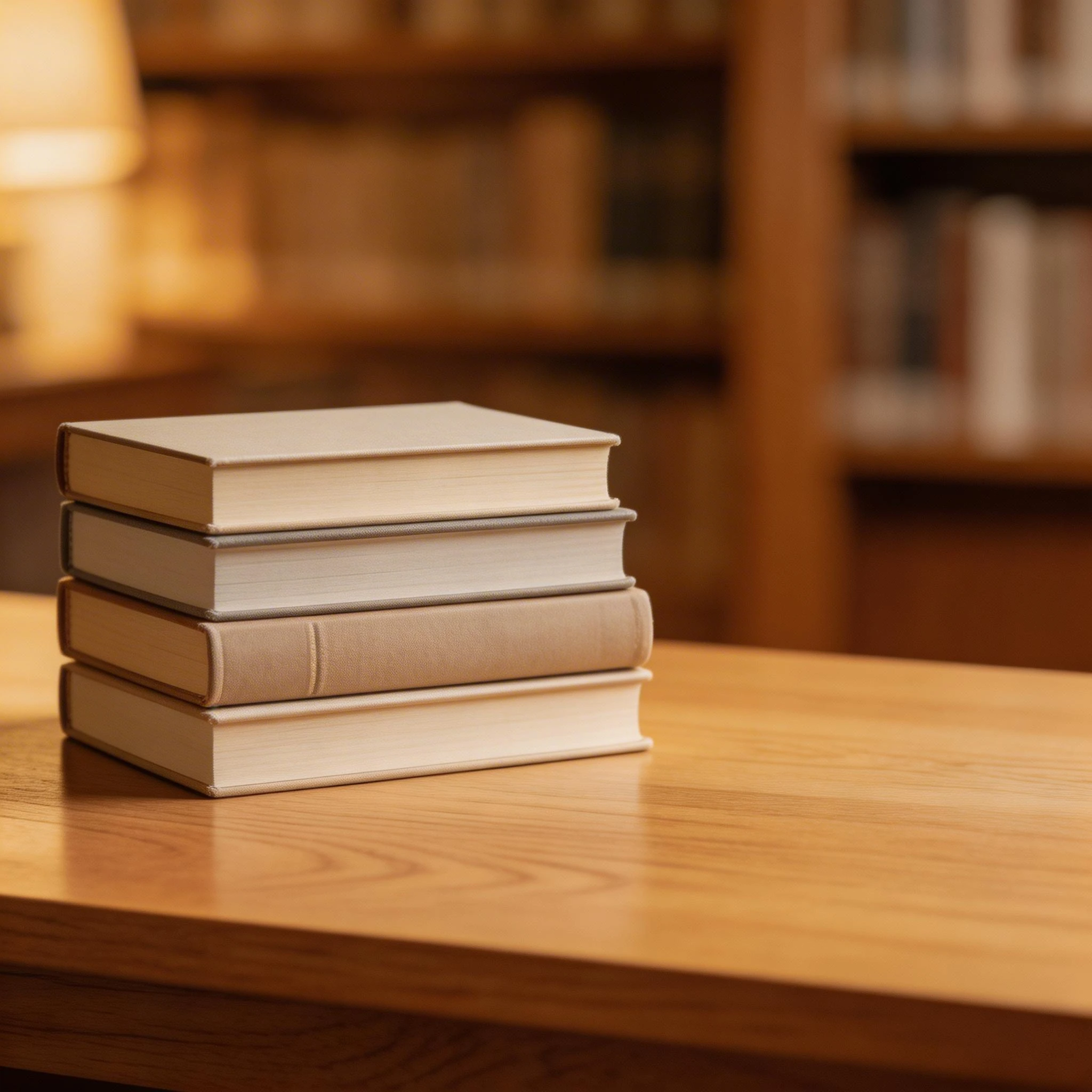 Stack of Elegant Books on Wooden Table in Library