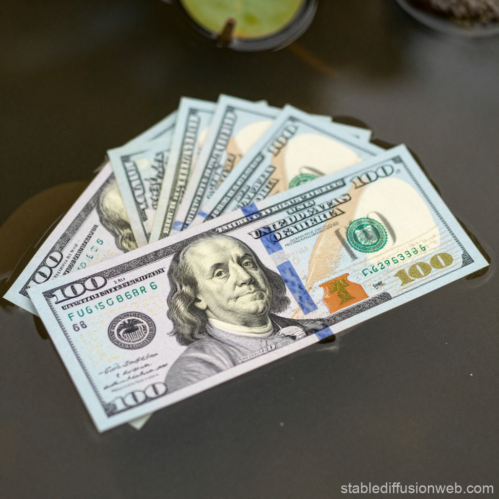Stack of US 100 Dollar Bills on Water Surface