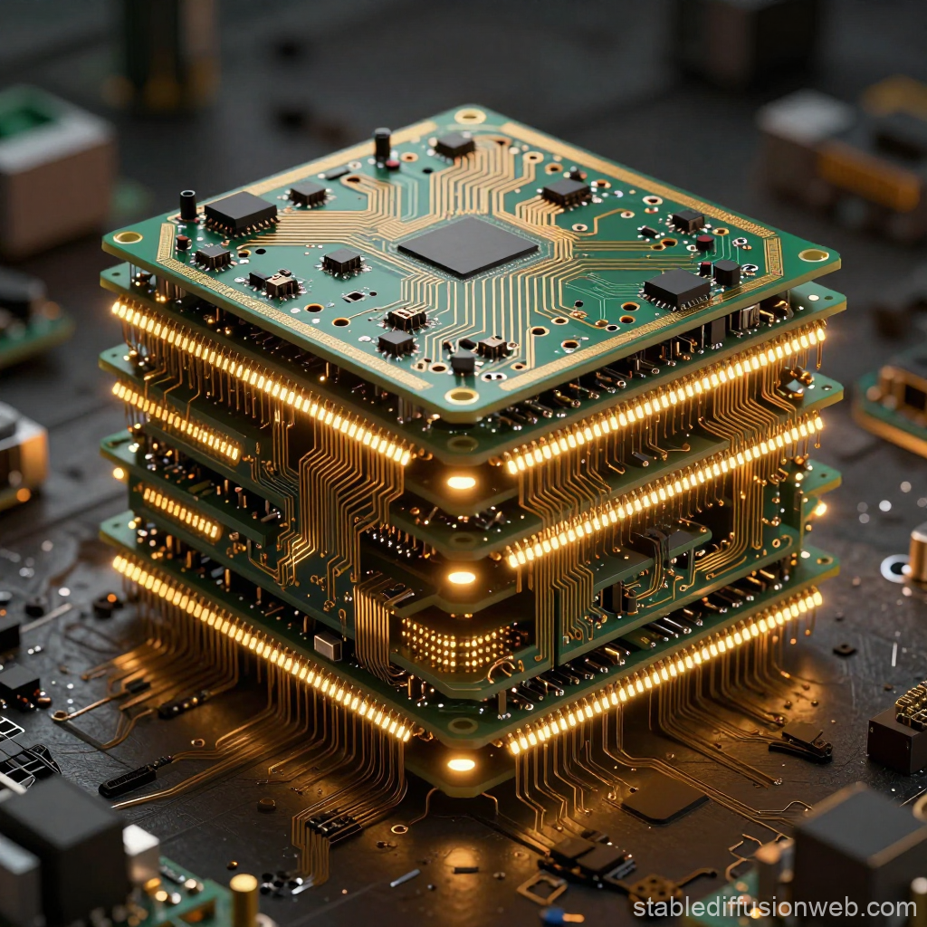 Stacked Circuit Boards with Glowing Connections