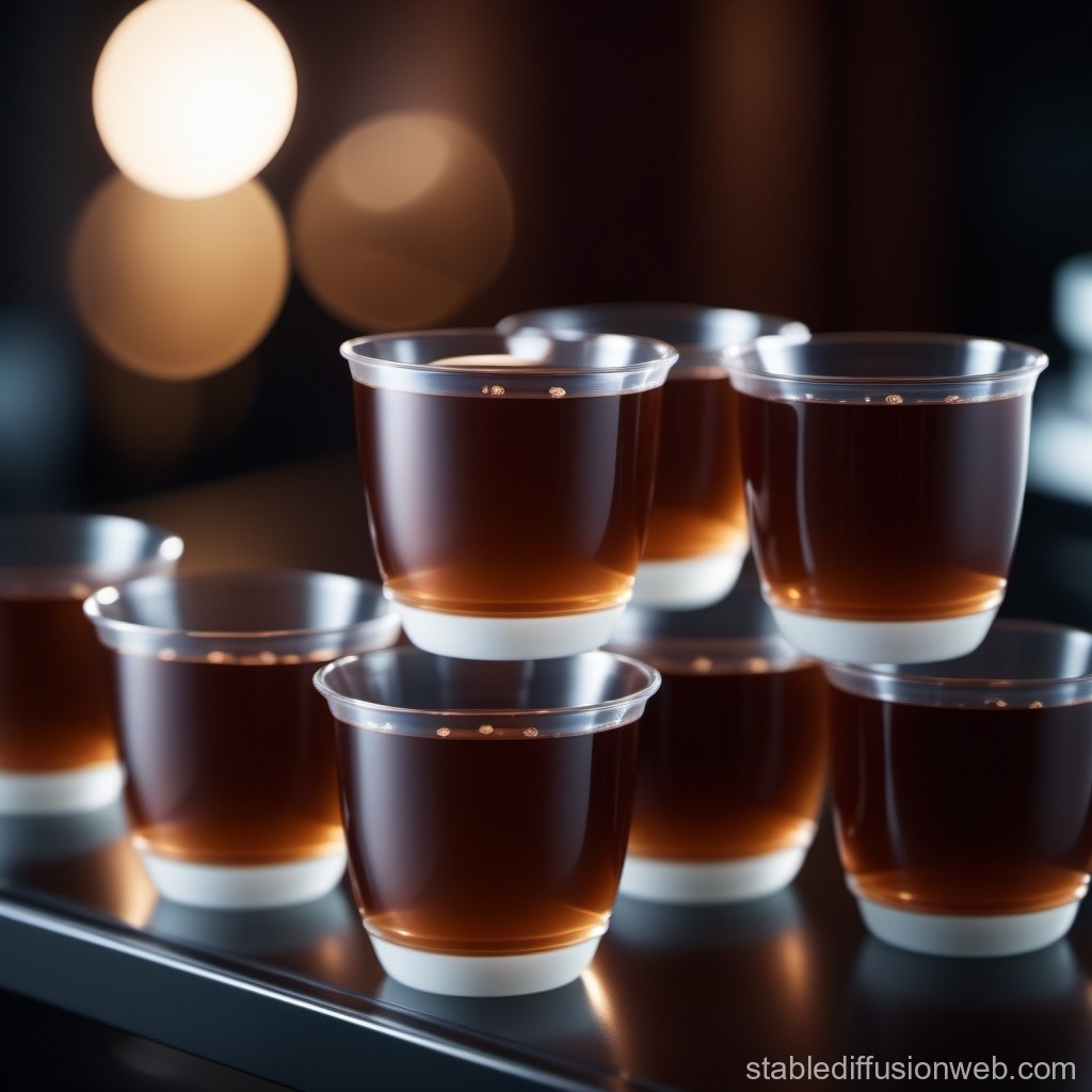 Stacked Plastic Cups Filled with Dark Liquid on Reflective Surface
