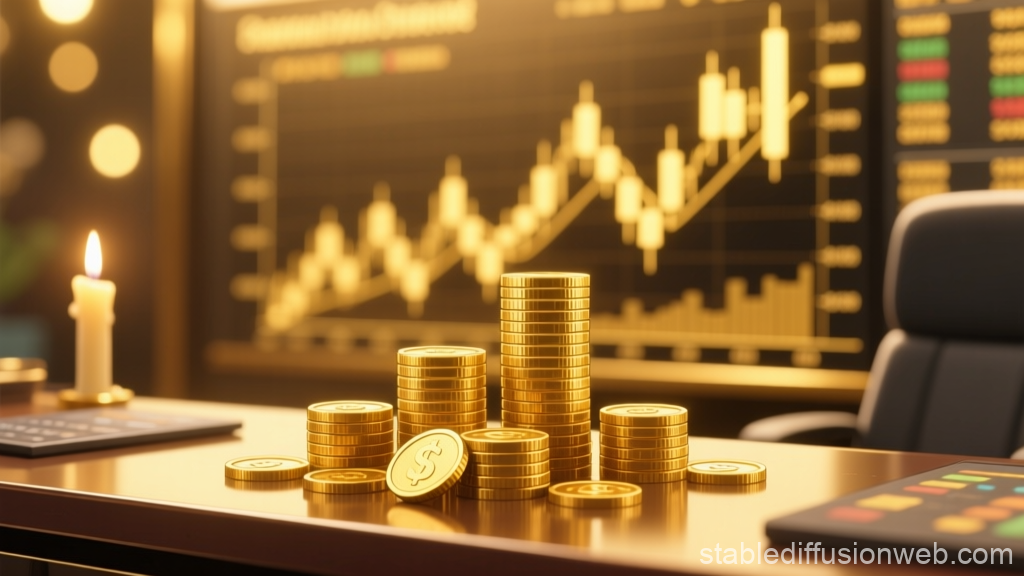 Stacks of Luxury Gold Coins on Office Desk with Financial Chart