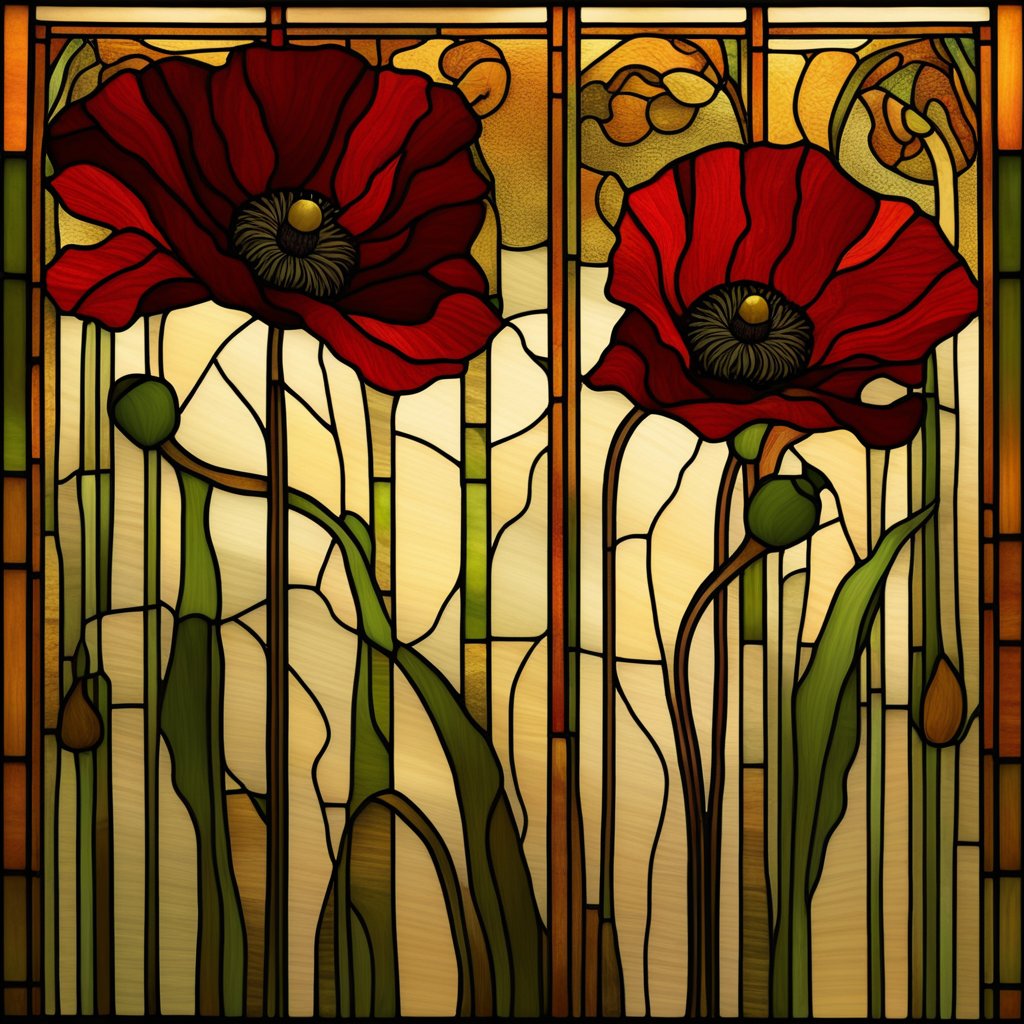 Stained Glass Panel with Red Poppies