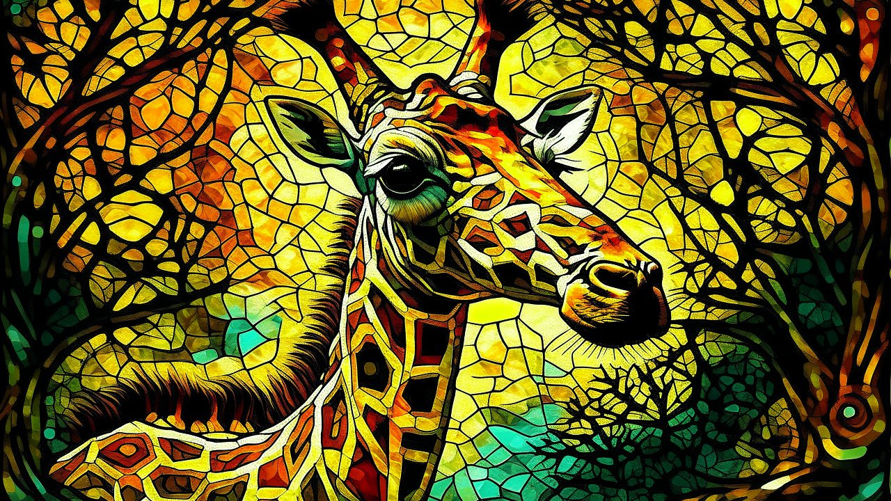 Stained Glass Style Giraffe in Vibrant Forest