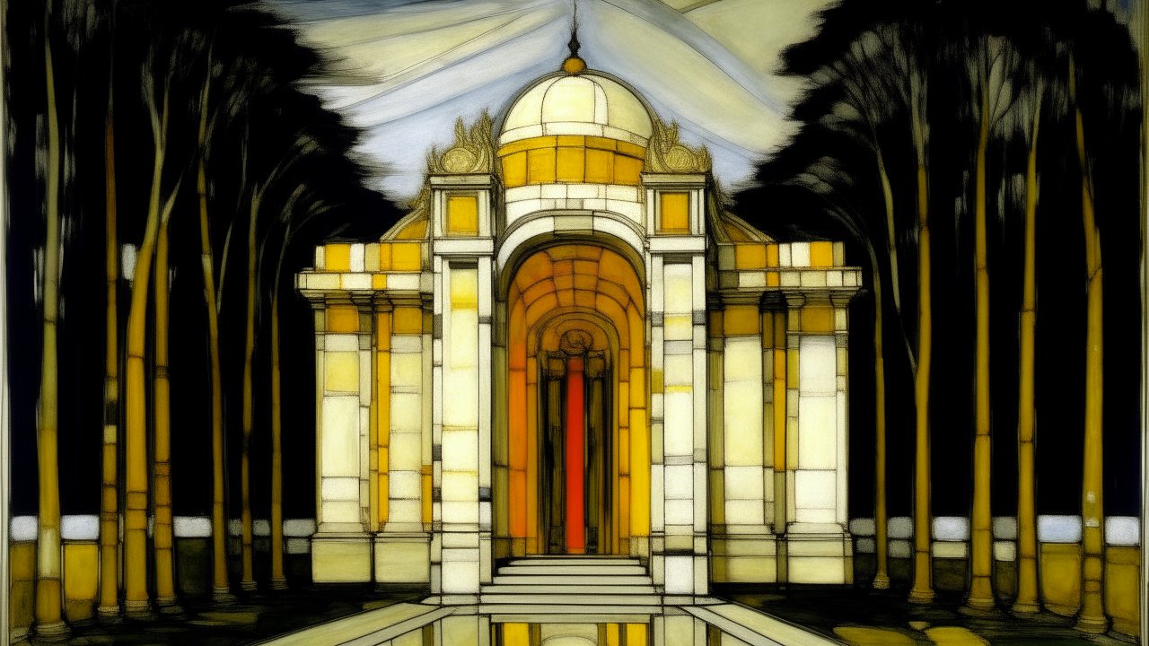 Stained Glass Style Ivory Temple at Night