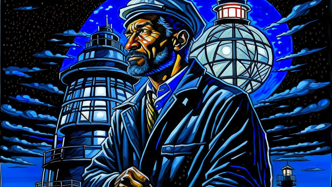 Stained Glass Style Lighthouse Keeper Under Moonlit Sky