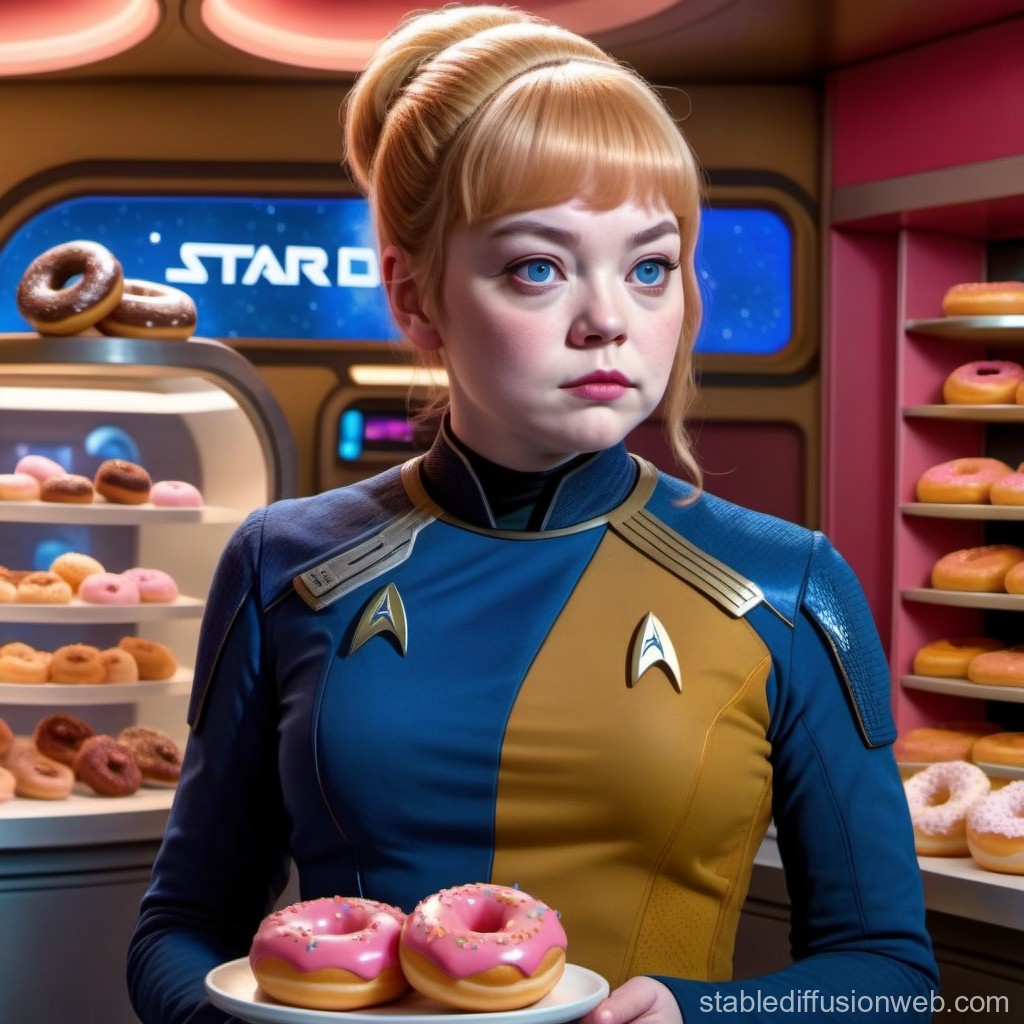 Starfleet Officer Holding Pink Donuts in Space Diner