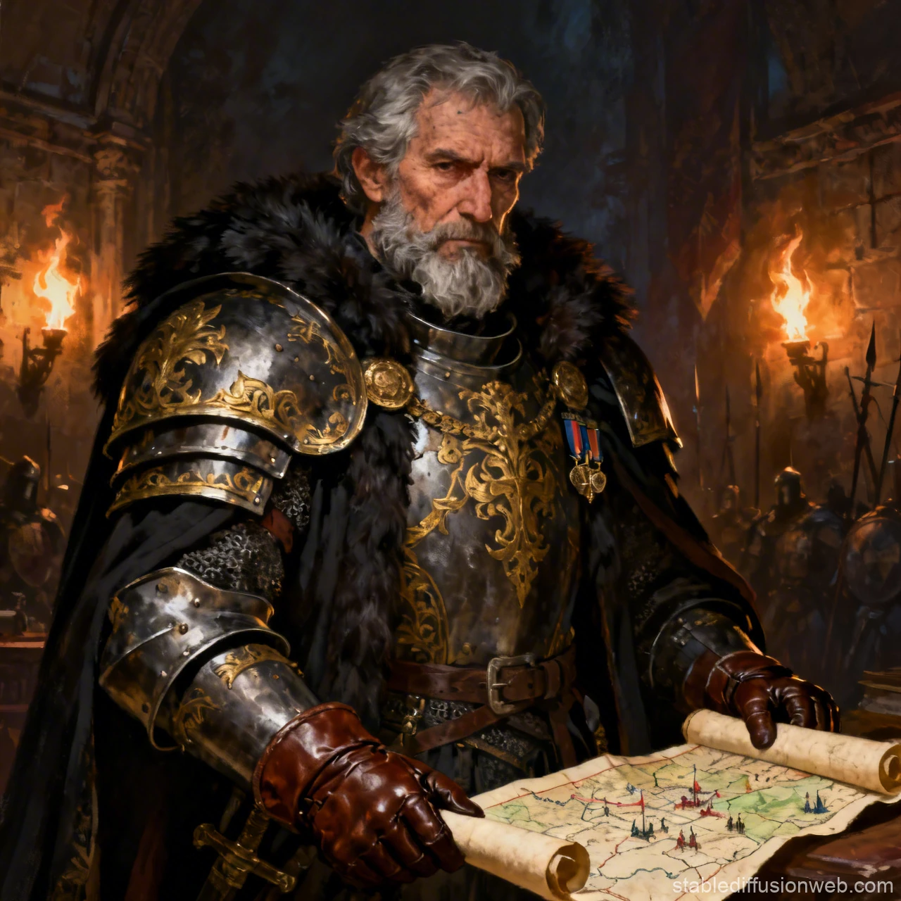 Stark Medieval Military Strategist in Ornate Armor