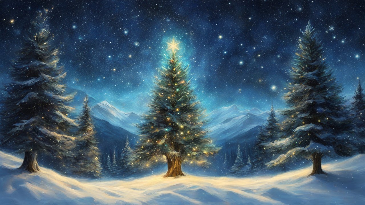 Starry Night Christmas Tree in Snowy Mountain Landscape