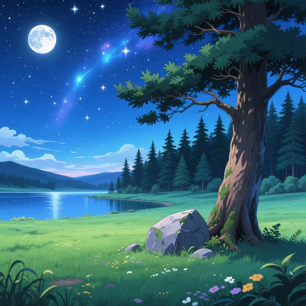 Starry Night Fantasy Landscape by a Tranquil Lake