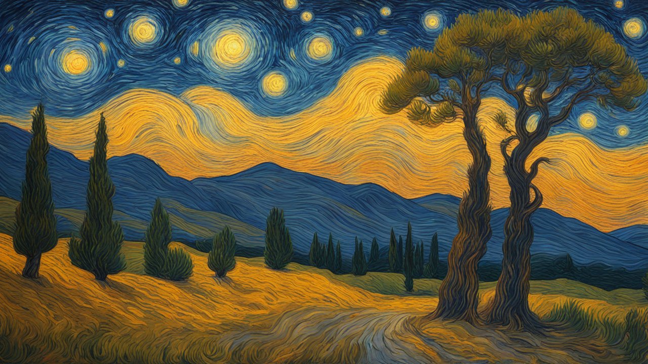 Starry Night Inspired Landscape with Cypress Trees