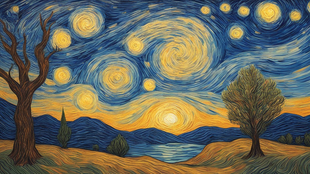 Starry Night Inspired Landscape with Swirling Sky