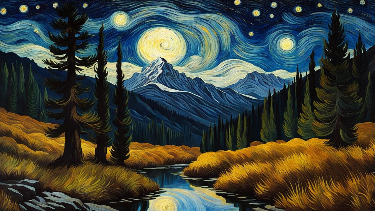 Starry Night Inspired Mountain Landscape