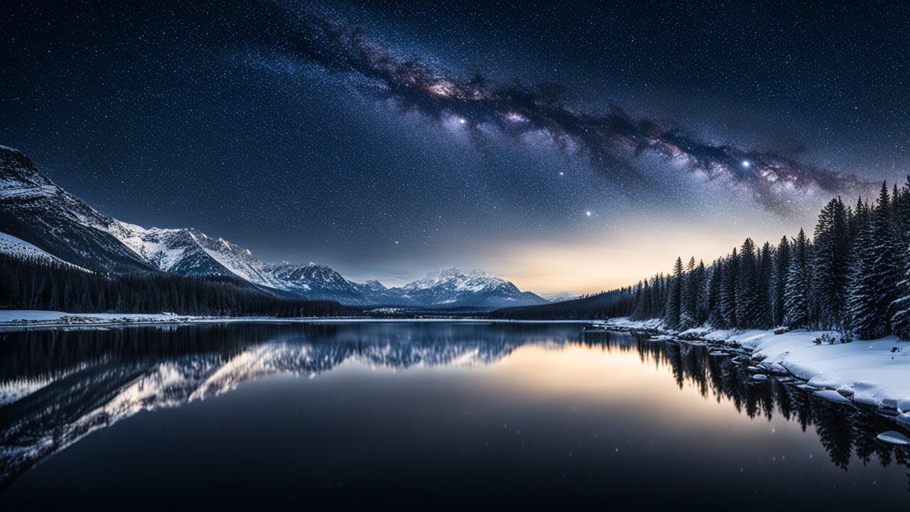 Starry Night Over Snowy Mountain Lake