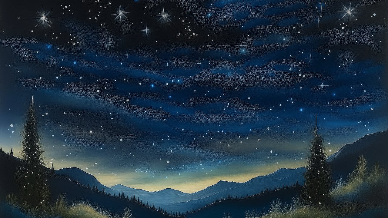 Starry Night Sky Over Mountain Landscape
