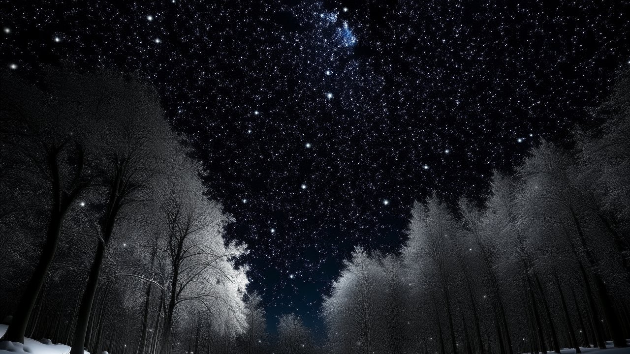 Starry Night Sky Over Snowy Forest