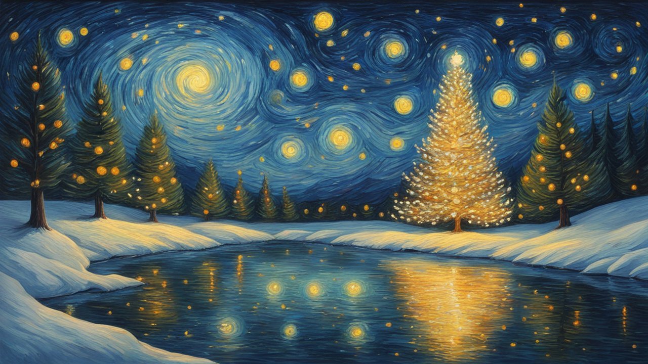Starry Night Winter Landscape with Illuminated Christmas Tree