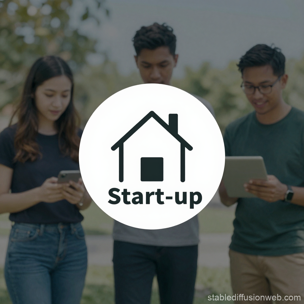 Start-up Logo with Young People Using Devices Outdoors