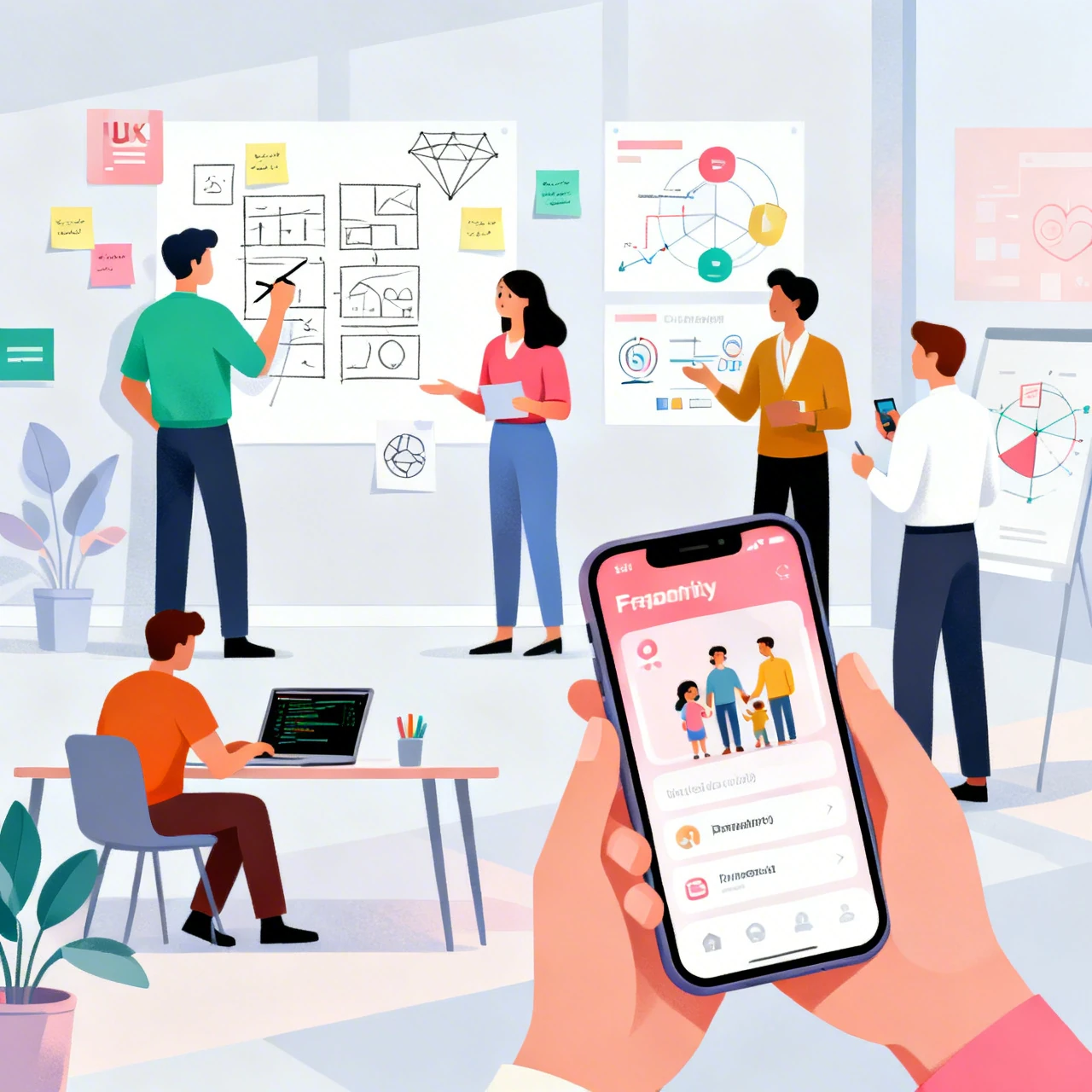 Startup Team Collaborating on Project with Mobile App Focus