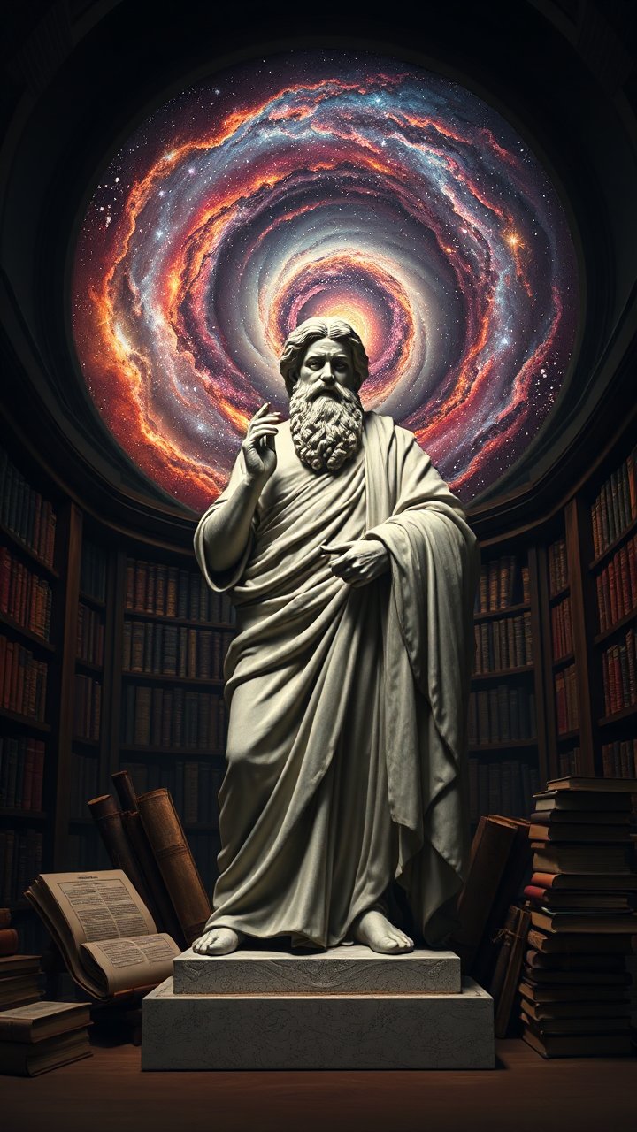 Statue of Epictetus with Cosmic Spiral in Library
