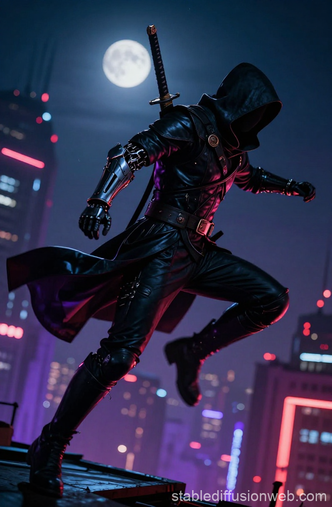 Stealthy Assassin Leaping in Cyberpunk Cityscape at Night
