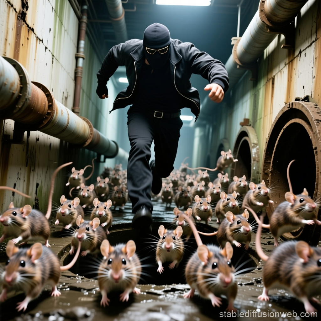 Stealthy Hacker Running Through Rat-Infested Tunnel