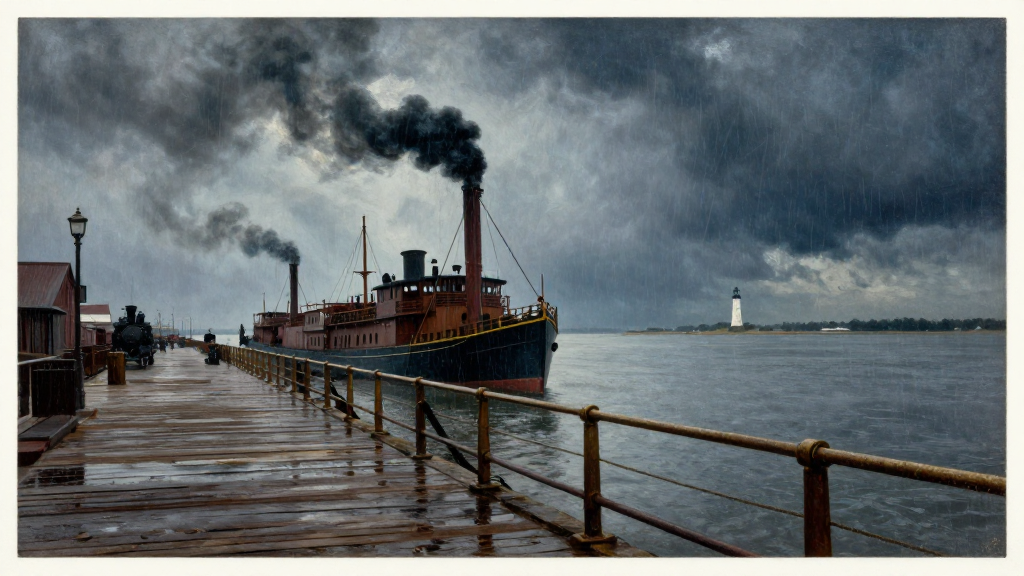Steam Schooners Docked at a Rainy Harbor with Lighthouse