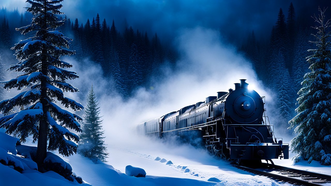 Steam Train Traveling Through Snowy Forest at Night