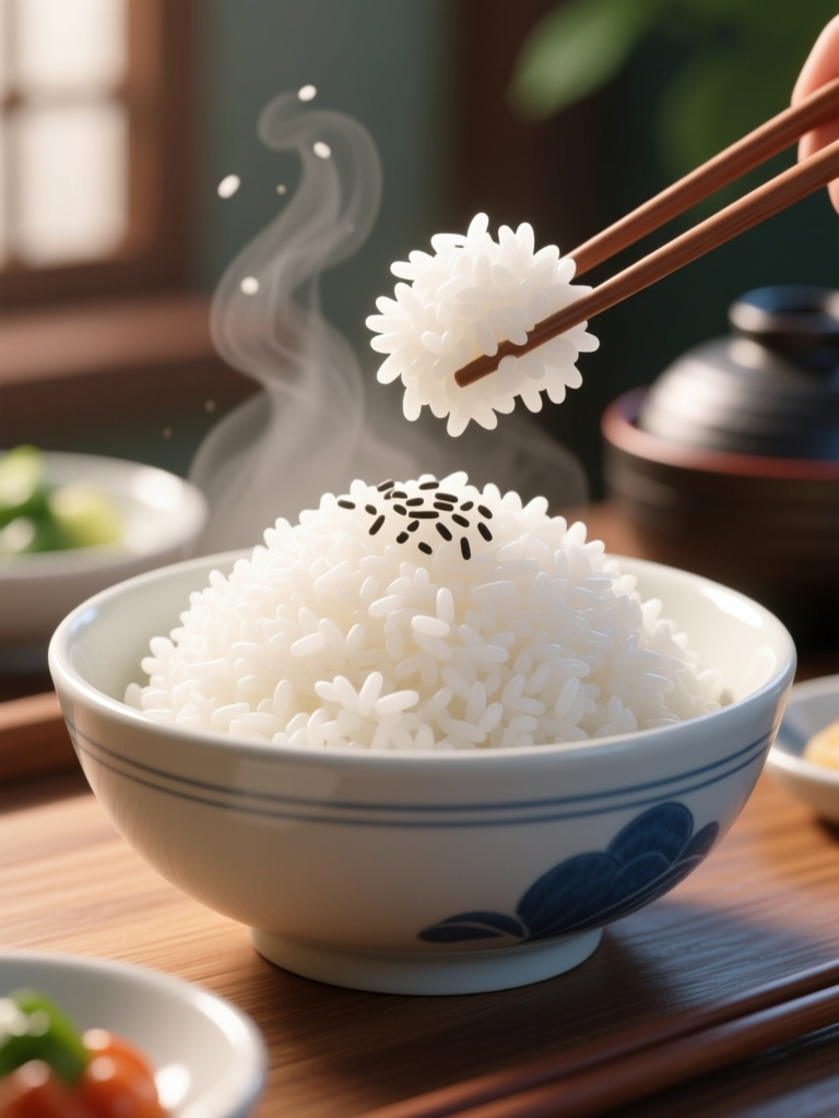Steaming Bowl of Korean White Rice with Black Sesame Seeds