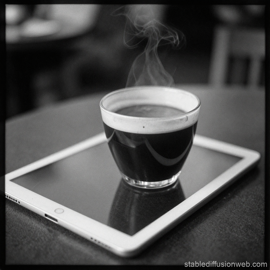 Steaming Coffee Cup on Tablet Screen in Black and White
