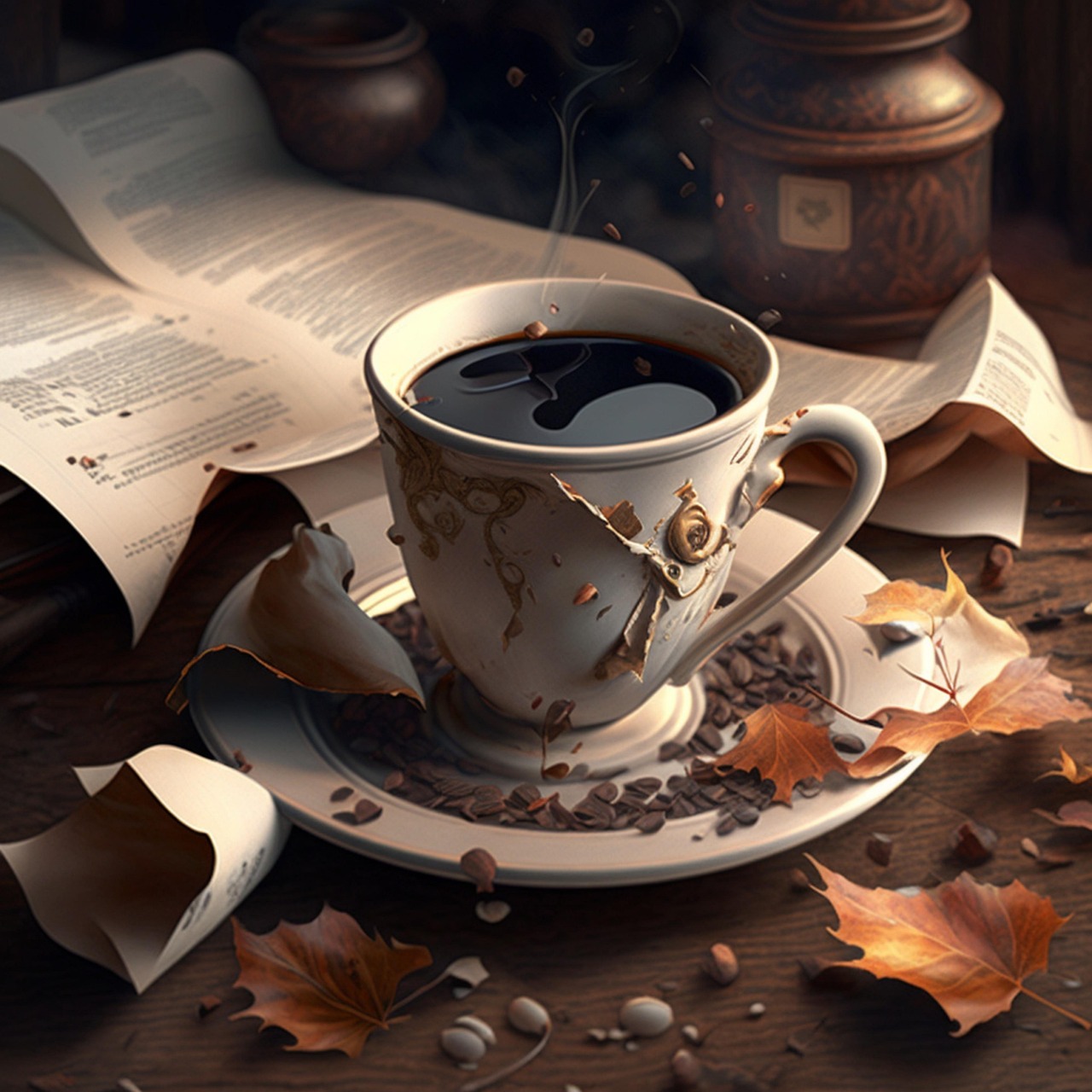 Steaming Cup of Coffee with Autumn Leaves and Open Book