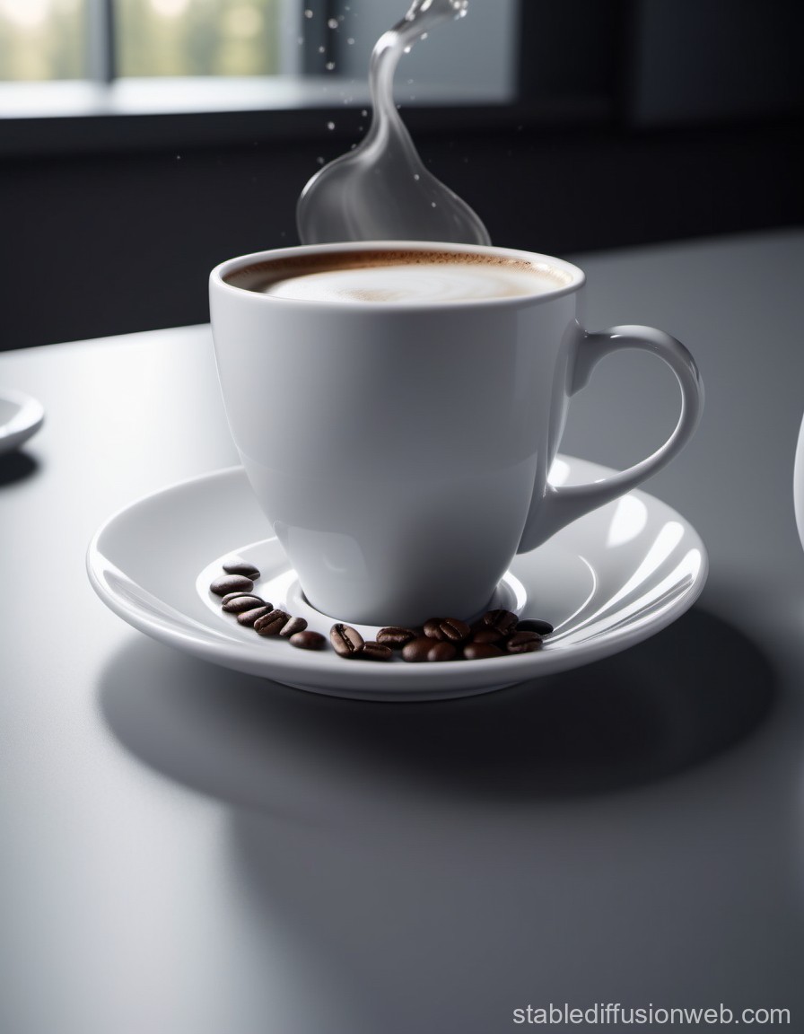 Steaming Cup of Coffee with Coffee Beans on Saucer