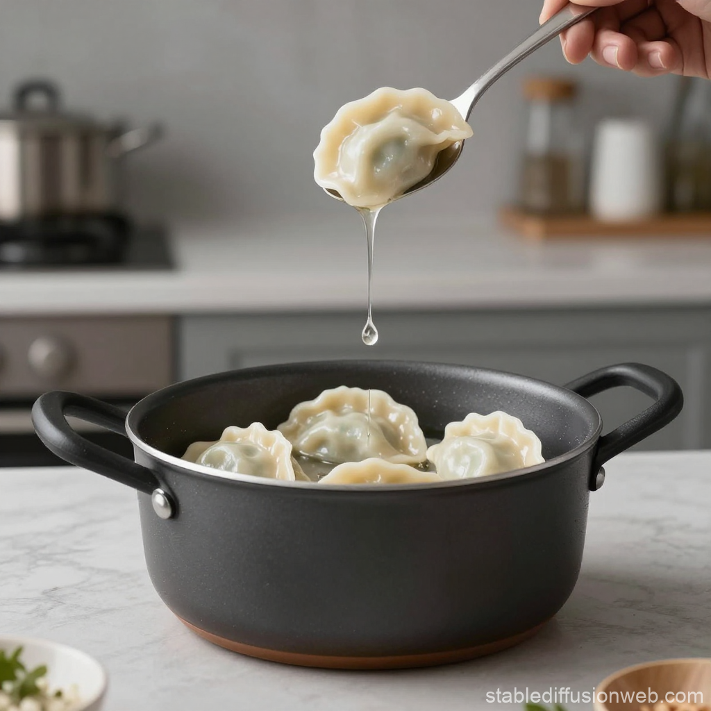 Steaming Dumplings in a Black Pot with Dripping Water