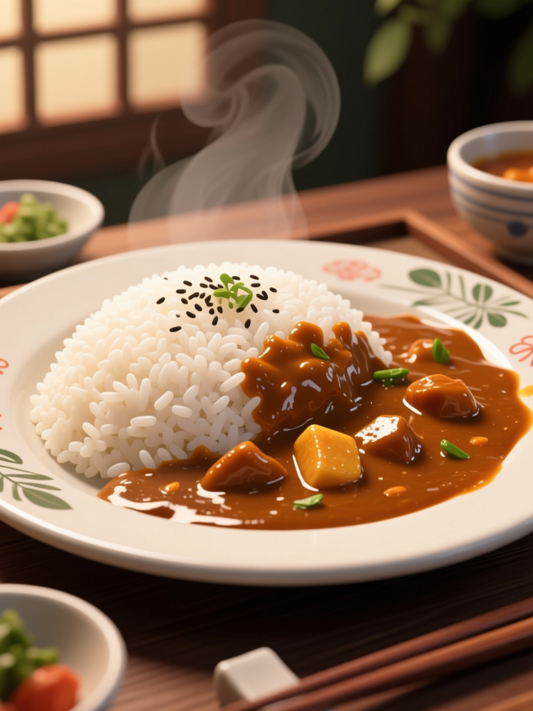 Steaming Japanese Curry Rice Plate with Vegetables
