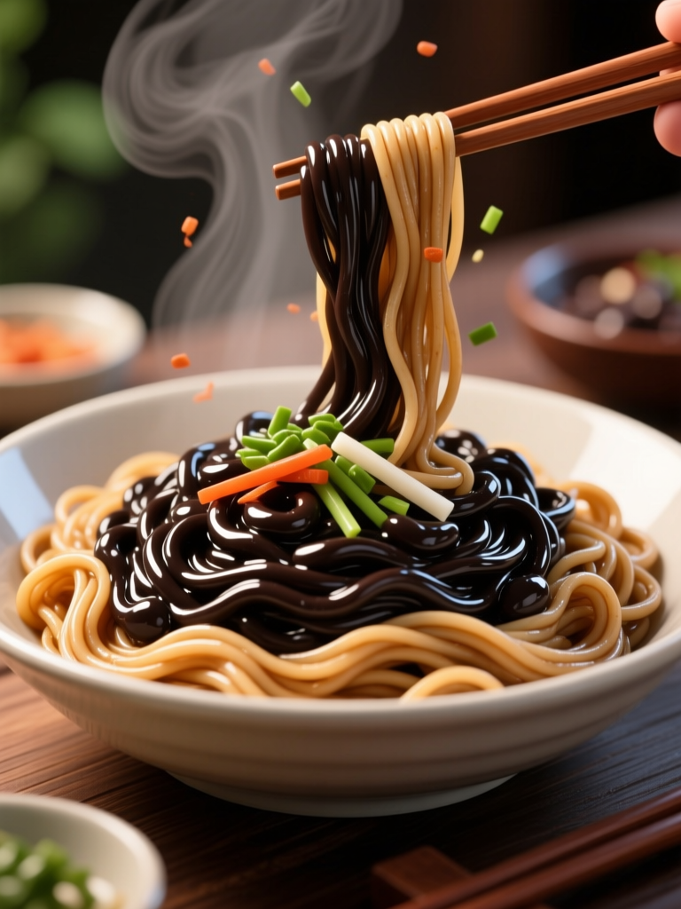 Steaming Korean Jajangmyeon Noodles with Black Bean Sauce