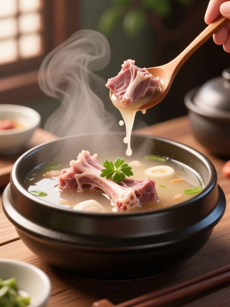 Steaming Korean Pork Bone Soup in Traditional Bowl