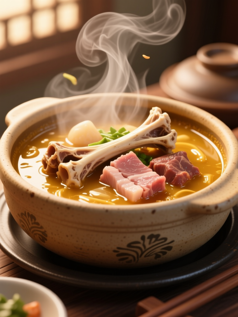 Steaming Korean Pork Bone Soup in Traditional Pot