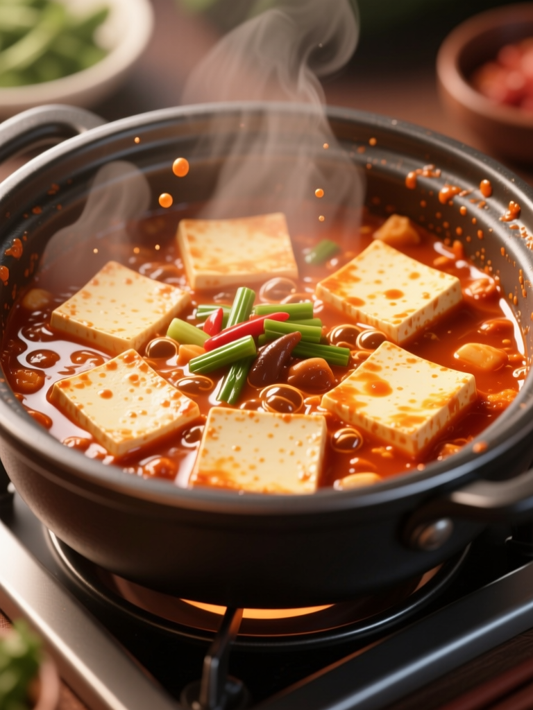 Steaming Korean Tofu Stew with Fresh Ingredients