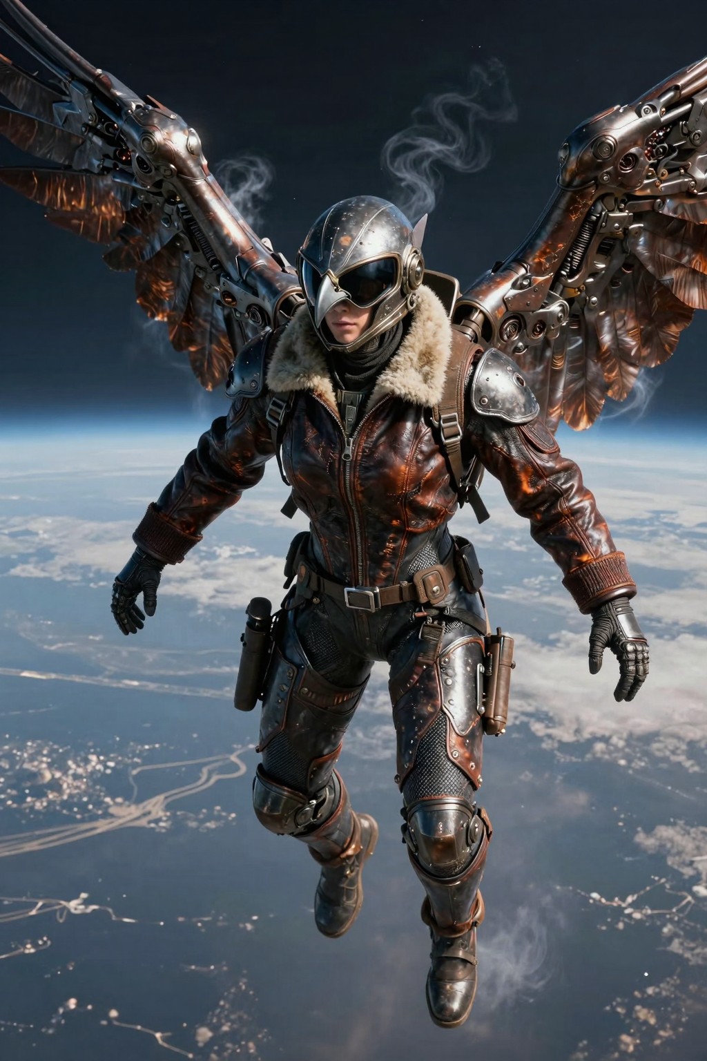 Steampunk Aviator with Mechanical Wings Soaring Above Earth