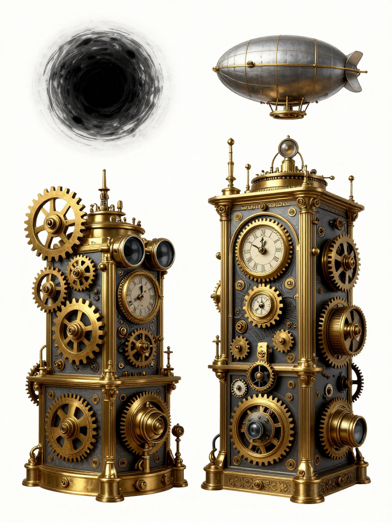 Steampunk Clocks with Airship and Black Hole
