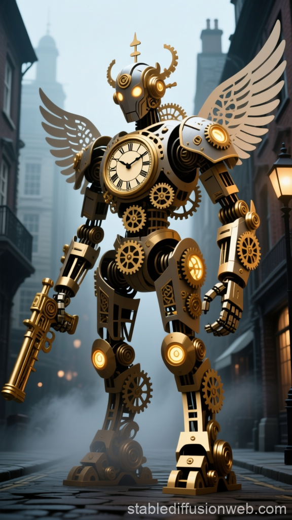 Steampunk Clockwork Guardian with Wings in Foggy Alley
