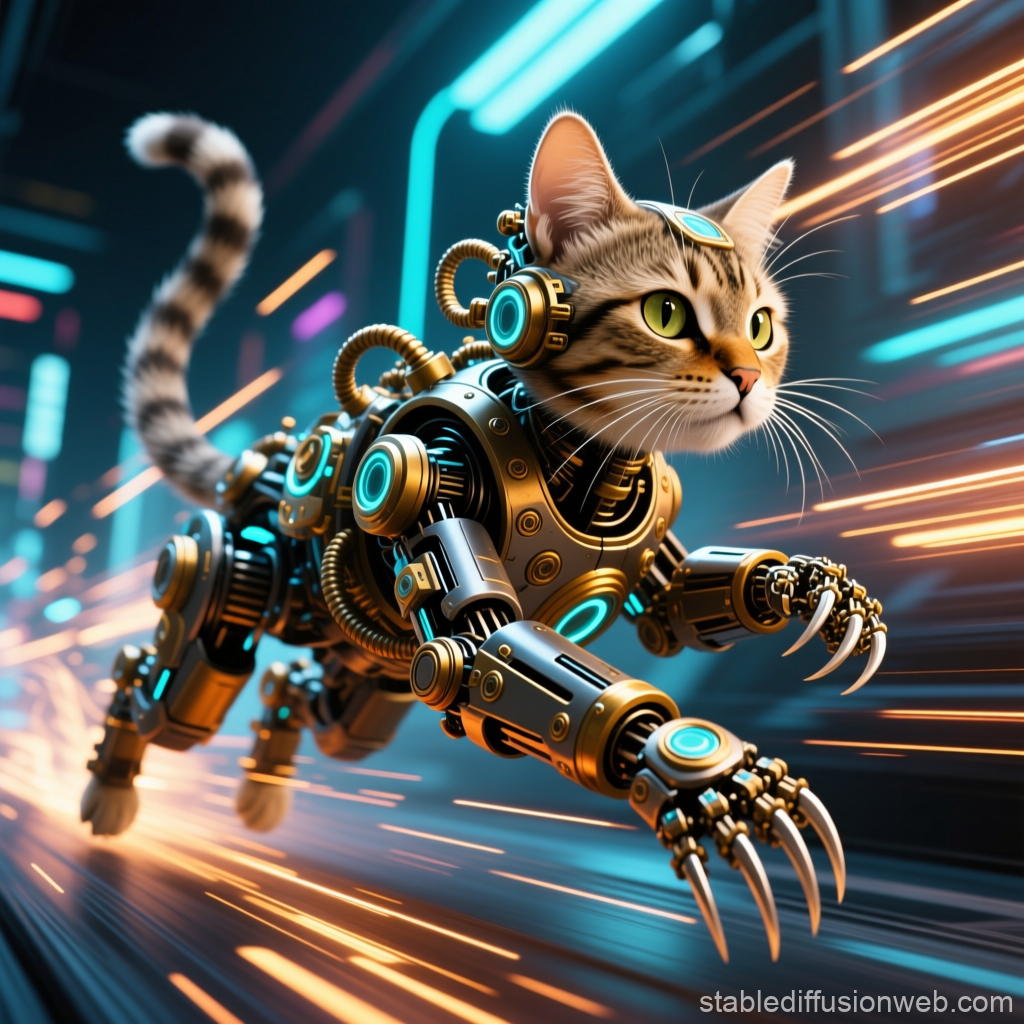 Steampunk Cybernetic Cat Racing Through Futuristic City