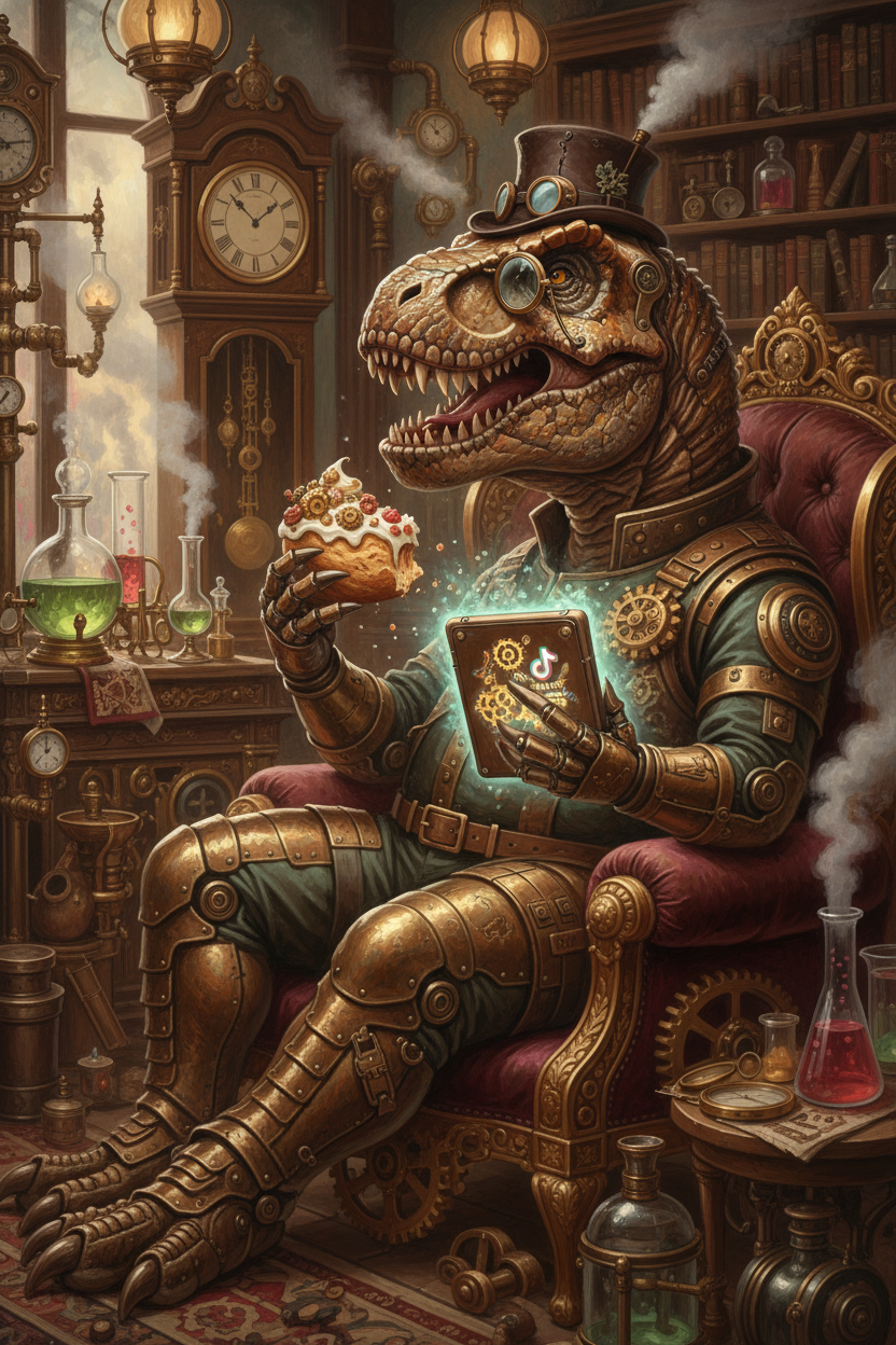 Steampunk Dinosaur Scientist Enjoying a Pastry