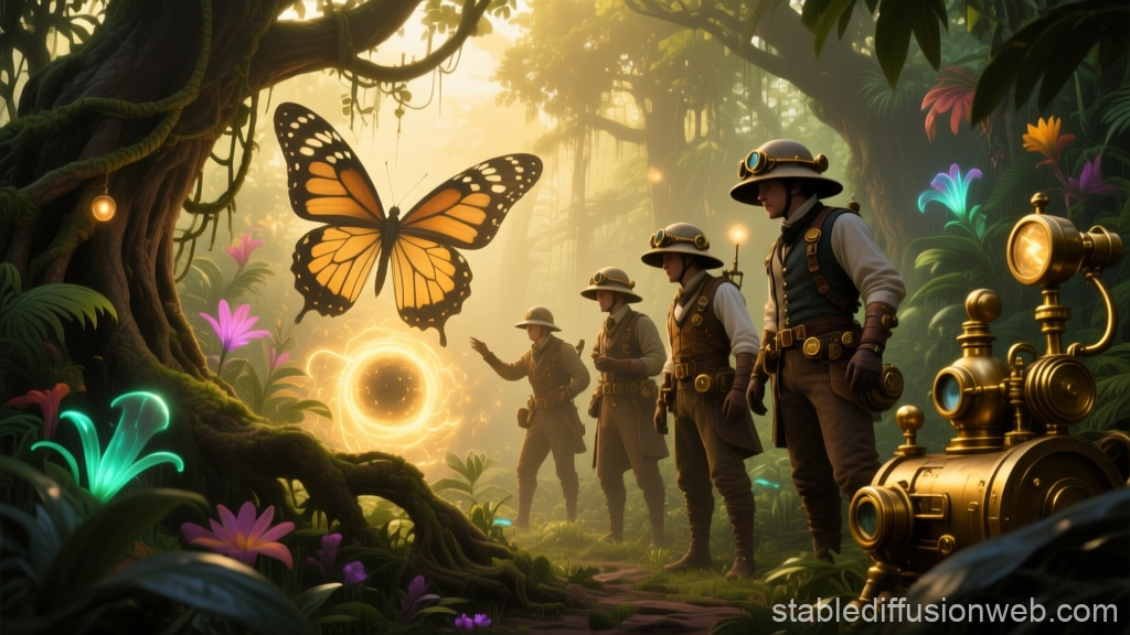 Steampunk Explorers Encounter Magical Butterfly in Enchanted Forest