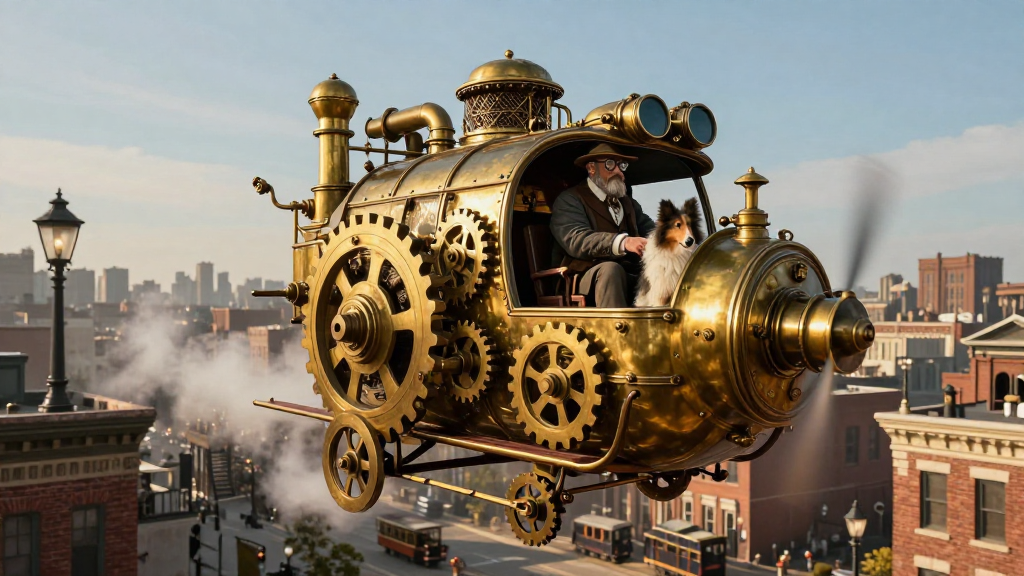 Steampunk Flivver Airship with Victorian Gentleman and Dog