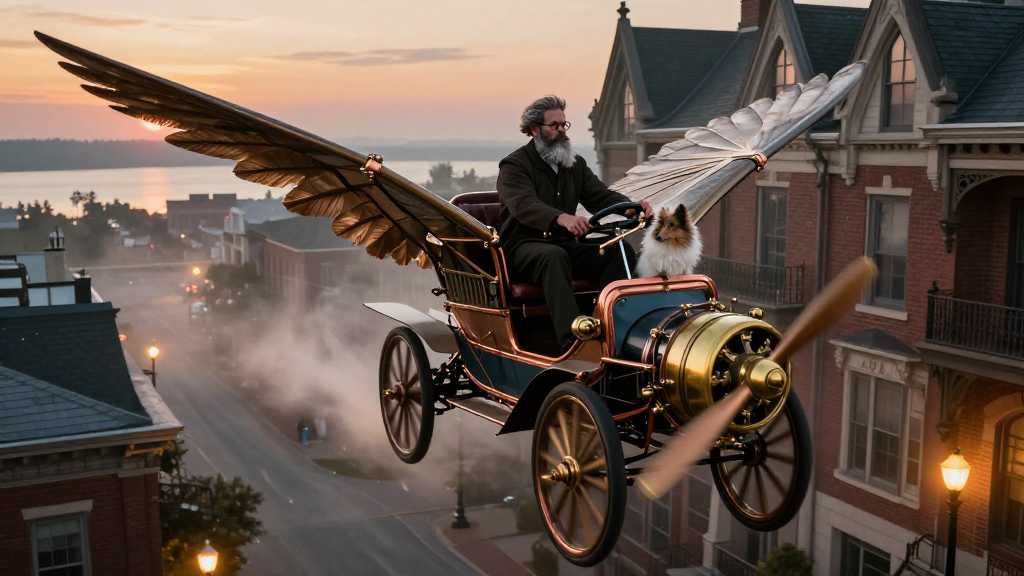 Steampunk Flying Car with Wings at Sunset